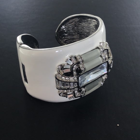 Kenneth Jay Lane White Enamel Art Deco Cuff hinged bracelet with clear crystals - Picture 2 of 10